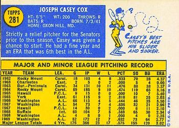 1970 Topps #281 Casey Cox Back