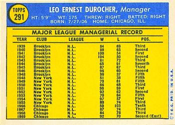 1970 Topps #291 Leo Durocher Back