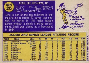 1970 Topps #295 Cecil Upshaw Back