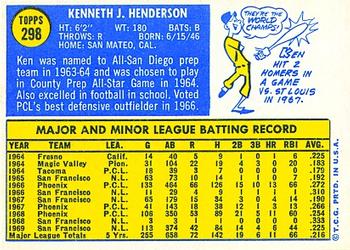 1970 Topps #298 Ken Henderson Back