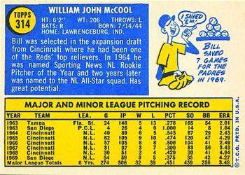 1970 Topps #314 Bill McCool Back
