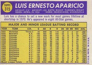 1970 Topps #315 Luis Aparicio Back