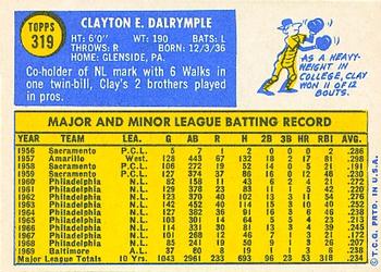1970 Topps #319 Clayton Dalrymple Back