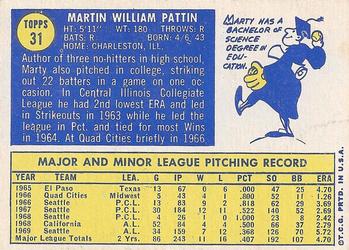 1970 Topps #31 Marty Pattin Back