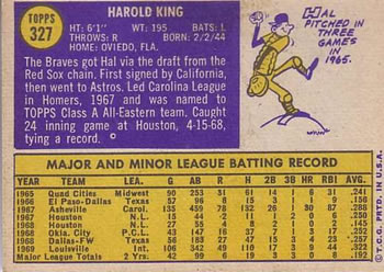 1970 Topps #327 Hal King Back