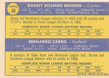 1970 Topps #36 Reds 1970 Rookie Stars (Danny Breeden / Bernie Carbo) Back