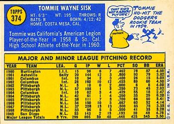 1970 Topps #374 Tommie Sisk Back