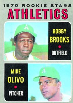 1970 Topps #381 Athletics 1970 Rookie Stars (Bobby Brooks / Mike Olivo) Front