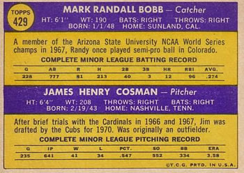 1970 Topps #429 Cubs 1970 Rookie Stars (Randy Bobb / Jim Cosman) Back