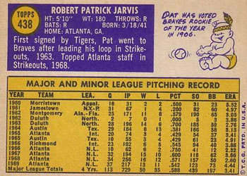 1970 Topps #438 Pat Jarvis Back