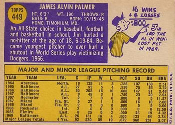 1970 Topps #449 Jim Palmer Back