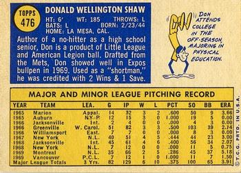 1970 Topps #476 Don Shaw Back