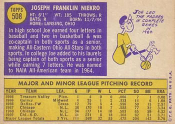 1970 Topps #508 Joe Niekro Back