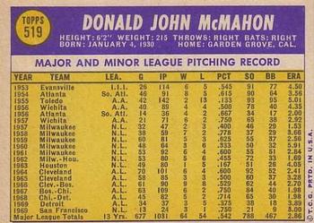 1970 Topps #519 Don McMahon Back