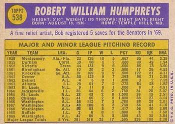 1970 Topps #538 Bob Humphreys Back
