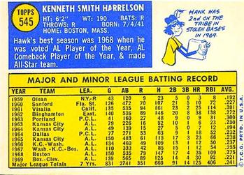 1970 Topps #545 Ken Harrelson Back