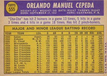 1970 Topps #555 Orlando Cepeda Back