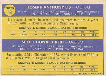 1970 Topps #56 Phillies 1970 Rookie Stars (Joe Lis / Scott Reid) Back