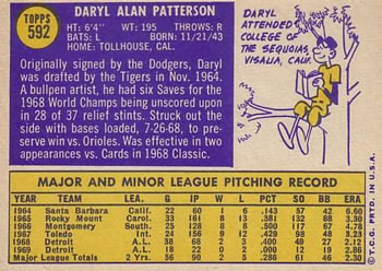 1970 Topps #592 Daryl Patterson Back