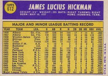 1970 Topps #612 Jim Hickman Back