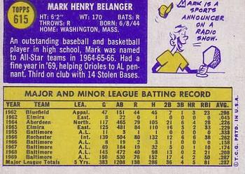 1970 Topps #615 Mark Belanger Back
