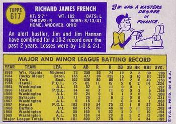 1970 Topps #617 Jim French Back