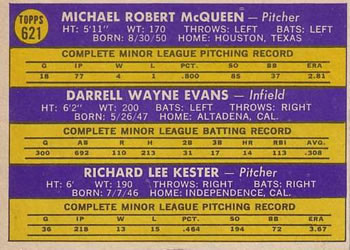 1970 Topps #621 Braves 1970 Rookie Stars (Mike McQueen / Darrell Evans / Rick Kester) Back