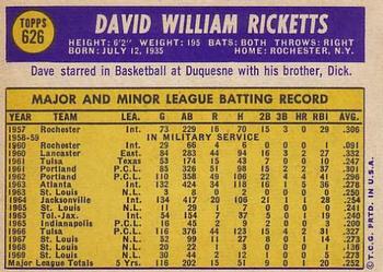 1970 Topps #626 Dave Ricketts Back