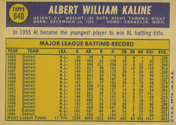 1970 Topps #640 Al Kaline Back