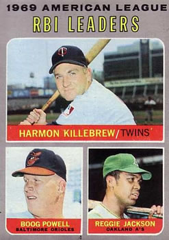 1970 Topps #64 1969 American League RBI Leaders (Harmon Killebrew / Boog Powell / Reggie Jackson) Front
