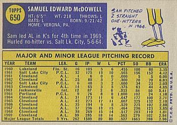 1970 Topps #650 Sam McDowell Back