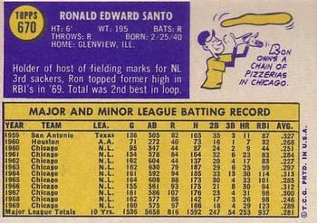1970 Topps #670 Ron Santo Back