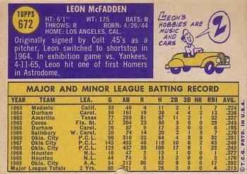 1970 Topps #672 Leon McFadden Back