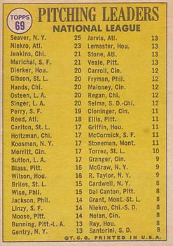1970 Topps #69 1969 National League Pitching Leaders (Tom Seaver / Phil Niekro / Fergie Jenkins / Juan Marichal) Back