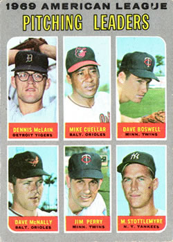 1970 Topps #70 1969 American League Pitching Leaders (Denny McLain / Mike Cuellar / Dave Boswell / Dave McNally / Jim Perry / Mel Stottlemyre) Front