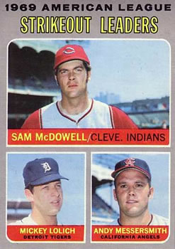 1970 Topps #72 1969 American League Strikeout Leaders (Sam McDowell / Mickey Lolich / Andy Messersmith) Front