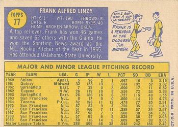 1970 Topps #77 Frank Linzy Back