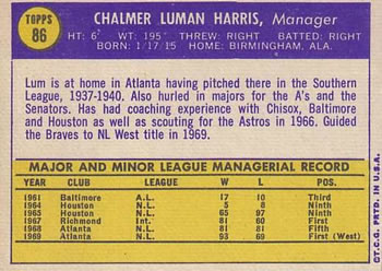 1970 Topps #86 Lum Harris Back