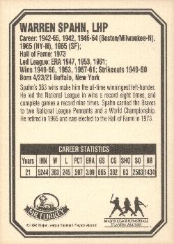 1995 Mr. Turkey Baseball Greats #5 Warren Spahn Back