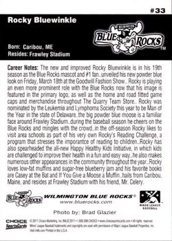 2011 Choice Wilmington Blue Rocks #33 Rocky Bluewinkle Back