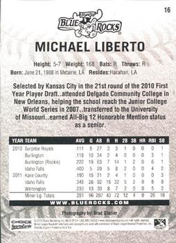 2012 Choice Wilmington Blue Rocks #16 Michael Liberto Back