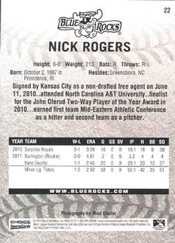 2012 Choice Wilmington Blue Rocks #22 Nick Rogers Back