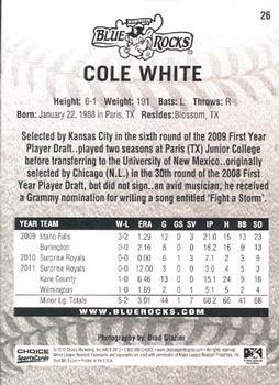 2012 Choice Wilmington Blue Rocks #26 Cole White Back