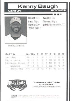 2009 Choice Southern Maryland Blue Crabs #1 Kenny Baugh Back