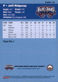 2010 Choice Southern Maryland Blue Crabs #21 Jeff Ridgway Back
