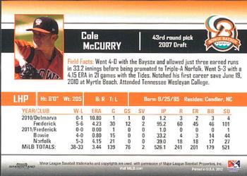 2012 Grandstand Bowie Baysox #NNO Cole McCurry Back