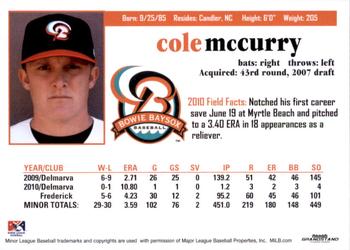 2011 Grandstand Bowie Baysox #NNO Cole McCurry Back