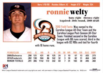 2011 Grandstand Bowie Baysox #NNO Ronnie Welty Back