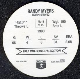 1991 Holsum Discs #8 Randy Myers Back