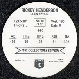 1991 Holsum Discs #12 Rickey Henderson Back